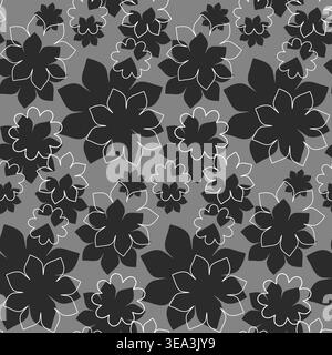 Repeating monochromatic floral design showing various stylized gray and black flowers, some solid, some outlined in white. Creates an elegant and modern decorative backdrop. Stock Vector