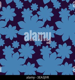 A seamless pattern features various sizes of bright blue flower silhouettes arranged randomly across a deep purple background. Stock Vector