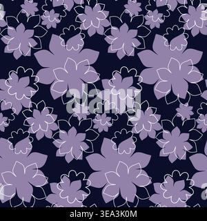 A seamless floral pattern displays various purple and white outlined flowers on a dark navy blue background. Stock Vector
