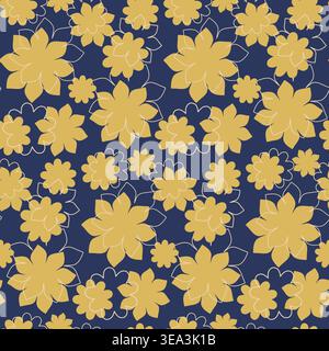 A seamless pattern features stylized golden yellow flowers and delicate white flower outlines repeating across a rich navy blue background. Stock Vector