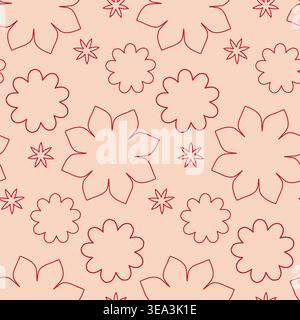 A seamless floral pattern featuring simple red line drawings of various flower shapes and small stars. Stock Vector