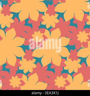 A vibrant seamless pattern displays stylized orange-yellow and coral-red flowers layered against a teal background. Stock Vector