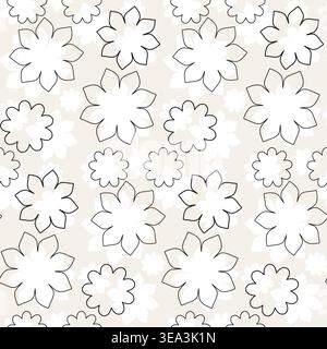 A seamless design features stylized white flowers with black outlines against a soft cream background. Various flower shapes and sizes create a gentle, repeating motif. Stock Vector