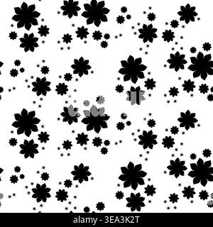 A continuous design featuring black floral motifs. Scattered large flowers and small star-like elements repeat seamlessly across a pure white background. Stock Vector
