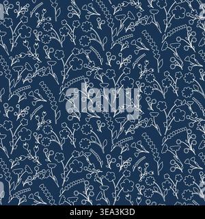 A continuous design shows numerous white outline drawings of small flowers, stems, and leaves against a dark blue background. Stock Vector