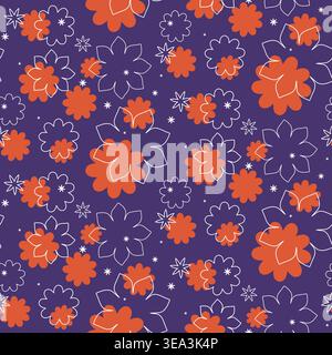 A vibrant seamless floral pattern with stylized orange and white flowers on a deep purple background. Small white starbursts are scattered throughout the playful, repetitive design. Stock Vector
