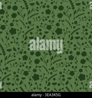 A seamless repeating design showcases dark green flower and plant silhouettes against a lighter green backdrop. Various botanical elements create a calm, natural appearance. Stock Vector