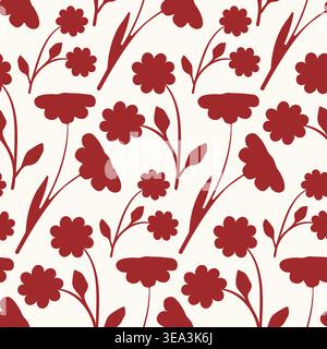 A repeating seamless pattern features stylized deep red floral shapes and stems. Stock Vector