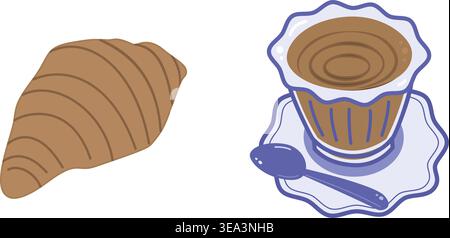 Freehand croissant and coffee cup on saucer Mediterranean style. Sticker Icon Minimalist Flat design. Isolated Vector illustration Menu Packing Design element Promo or print material Media post, label Stock Vector