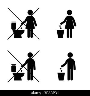 Vector set of waste disposal icons with correct and incorrect behavior. Includes no trash in toilet symbol and person throwing waste into bin. Perfect Stock Vector