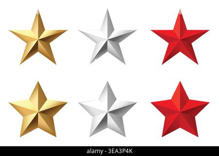 Set of 3D star icons in gold silver red colors with glossy metallic style. Collection of rating award and achievement symbols isolated on light backgr Stock Vector
