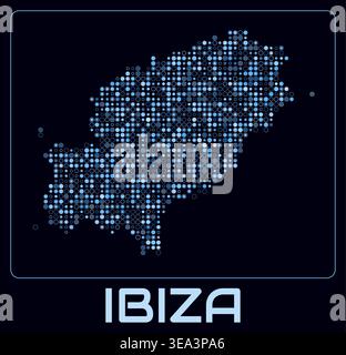 Ibiza digital style map. Small circle dots on dark background. Dotted shape of the island. Ibiza map and title. Classy vector illustration. Stock Vector