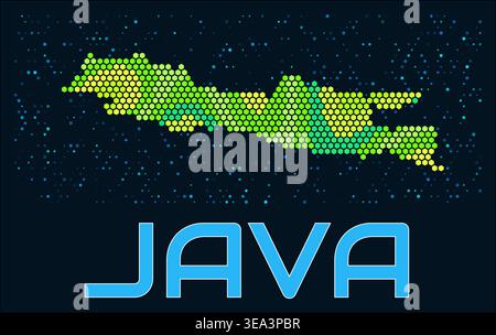 Java hexagon dots map. Indonesia. Digital style shape of the island. Java map and title. Stock Vector