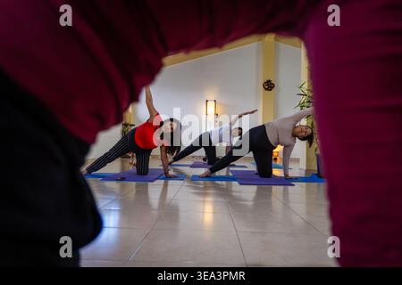 Group of diverse women performing stretching exercises on yoga mats in a wellness studio Stock Photo