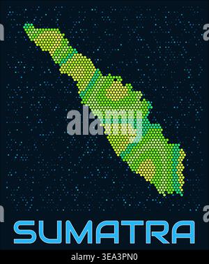 Sumatra hexagon dots map. Indonesia. Digital style shape of the island. Sumatra map and title. Stock Vector