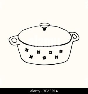This hand drawn cooking pot features a charming floral pattern and a classic lid design. The minimalist black and white vector illustration is perfect Stock Vector