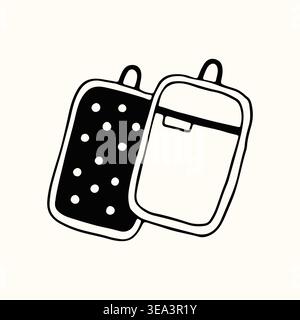 A pair of hand drawn kitchen potholders is shown with a playful polka dot pattern and hanging loops. This clean vector graphic is ideal for textile Stock Vector