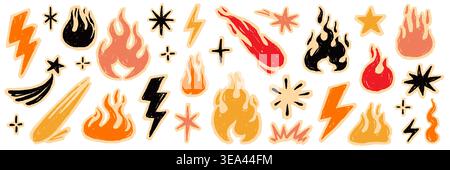 Fire flame icon doodle set. Hand drawn fire flame brush scribble grunge chalk texture shape graphic. Lightning bolt explosion energy blast power sticker rock burst. Vector illustration Stock Vector