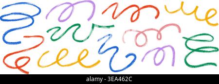 Color hand drawn organic line collection. Thin brush stroke squiggle shape set. Vector charcoal chalk serpentine streamers. Crayon curly wave element bundle. Wiggly scribble pack for party poster Stock Vector