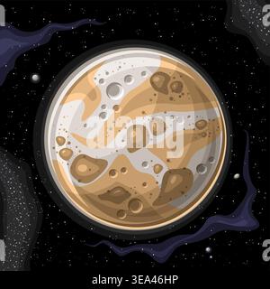 Vector exotic Planet, decorative placard with cartoon brown-grey planet, astronomical square poster with clipart of heavily cratered rocky planet and Stock Vector