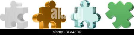 4 puzzle pieces 3d render isolated. Jigsaw icon for business goal, team member. Vector problem solution challenge, abstract partnership teamwork Stock Vector
