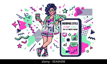 A vibrant illustration of a trendy woman embodying Memphis style, holding a patterned coffee cup and leaning on a smartphone displaying MEMPHIS STYLE Stock Vector