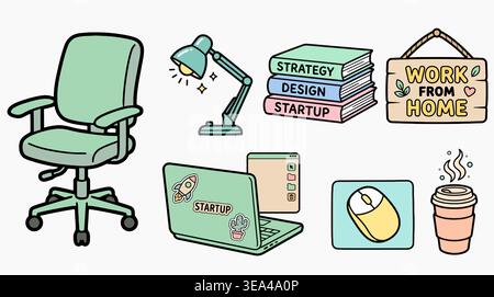 Charming hand-drawn vector illustration set of modern work from home essentials. Includes an office chair, desk lamp, laptop with startup stickers. Stock Vector
