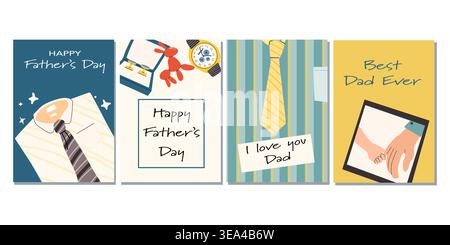 Vector set of greeting cards for Father's Day. Cartoon flat illustration, cards with ties, shirts, and messages. Happy Father's Day poster set. Stock Vector