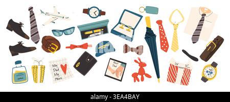 Dad Elements set. Icons for Father day including shoes, ties, watches, and more. Vector cartoon flat style illustration. Ideal for greeting cards, posters, invitations. Stock Vector