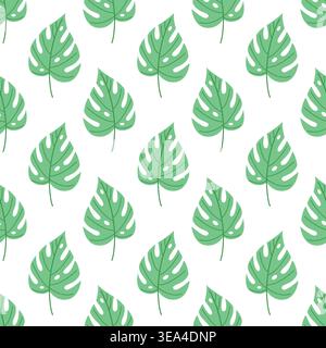 Green monstera leaf seamless pattern, minimalist tropical botanical background for fabric, wallpaper, nursery decor and organic packaging Stock Vector