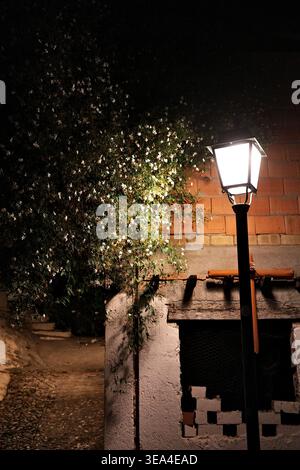 Street lamp casting warm glow on a narrow cobblestone alley at night, illuminating flowering jasmine vines climbing an old stone wall, Granada, Spain Stock Photo