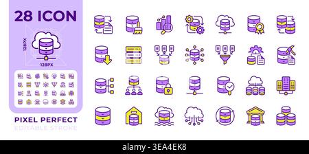 Data analytics pixel perfect line color icons set Stock Vector
