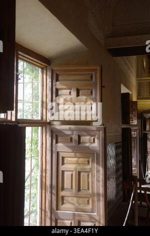 Sunlit carved wooden door panels and iron-grilled window overlooking garden foliage in a historic corridor, Alhambra Palace, Granada, Spain. Stock Photo