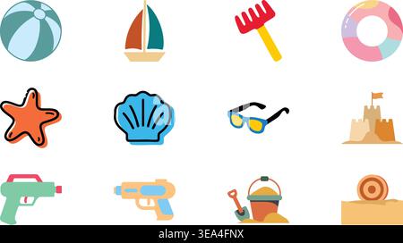 A colorful flat illustration set featuring beach and summer themed items Stock Vector