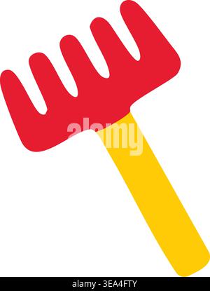 Bright summer illustration of a small beach rake with a red comb head and yellow handle angled diagonally. Stock Vector