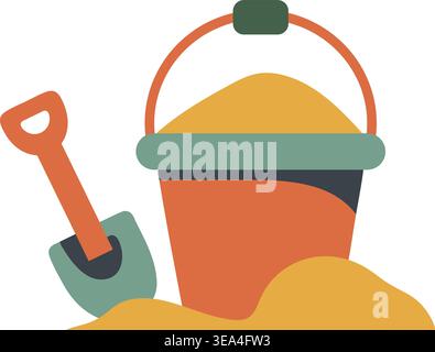 Simple summer illustration of a sand bucket filled with sand beside a small shovel on a sandy base. Stock Vector