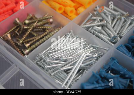 Different types of screws and anchors in a storage box Stock Photo