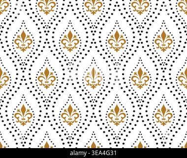 Flower geometric pattern with lilies. Seamless vector background. White and gold, black ornament. Ornament for fabric, wallpaper, packaging, Decorative print Stock Vector