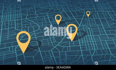 Angled blue city map layout featuring yellow location pins with shadows. Vector illustration. Stock Vector