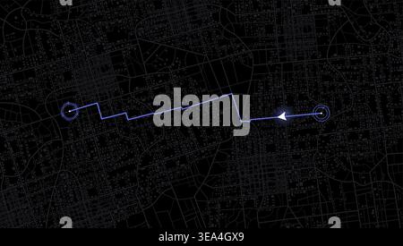 Digital tracking dashboard displaying urban street plan with driving direction path. Vector illustration. Stock Vector