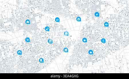 Light Colored City Map with Blue Navigation Pins and Service Icons. Vector illustration. Stock Vector