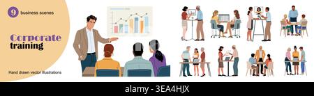 Staff training and business education scenes set Stock Vector