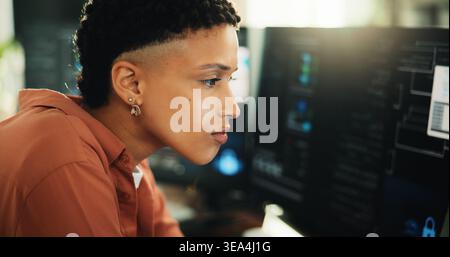 Research, coding and computer with business woman in office for web programmer, it expert or reading. Software engineer, developer update and database Stock Photo