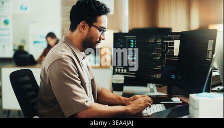 Typing, programmer and computer with business man in office for web developer, it expert and research. Software engineer, coding update and database Stock Photo