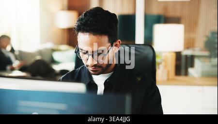 Computer, research and programmer with business man in office for web developer, code or database. Software engineer, firewall update and coding Stock Photo