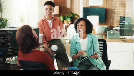 Laugh, programmer and team with business people in office for app developer, support and database. It engineer, software launch success and Stock Photo