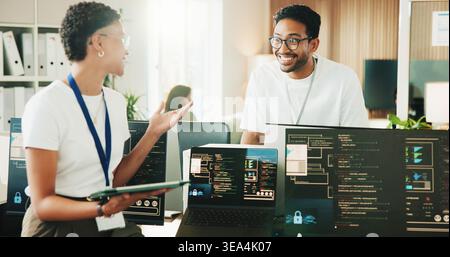 Tablet, programmer and smile with business people in office for web developer, research and feedback. Code review, software engineer and database with Stock Photo