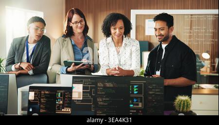 Developer, planning and computer with business people in office for database, team and cyber security. Software engineer, firewall update and feedback Stock Photo
