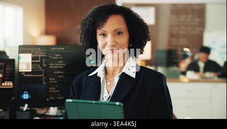 Tablet, programmer and portrait with woman in office for coding, cyber security and cloud computing. Programming, research and developer with employee Stock Photo