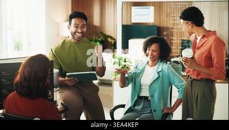 Tablet, programmer and support with business people in office for app developer, team and database. It engineer, software launch success and Stock Photo